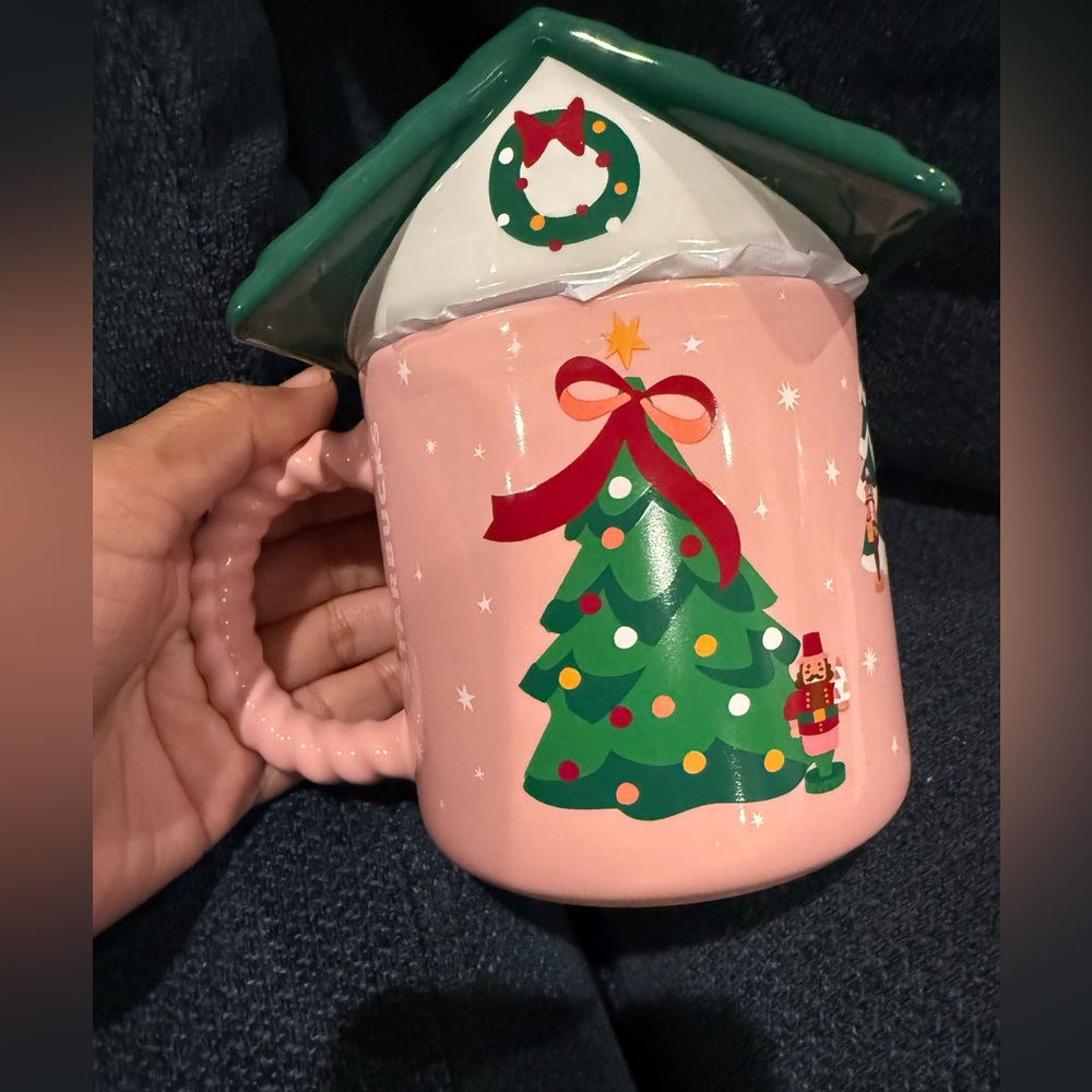 Starbucks 2025 Christmas Bear House Mug with Roof Lid Pink and Green Limited Ed